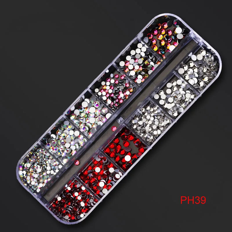 12Gird Box Multi Size AB/Colorful Non-Hotfix Rhinestones Flatback Crystal Diamond Gems 3D Glitter Nail Art Luxurious Decorations SWEET T 52