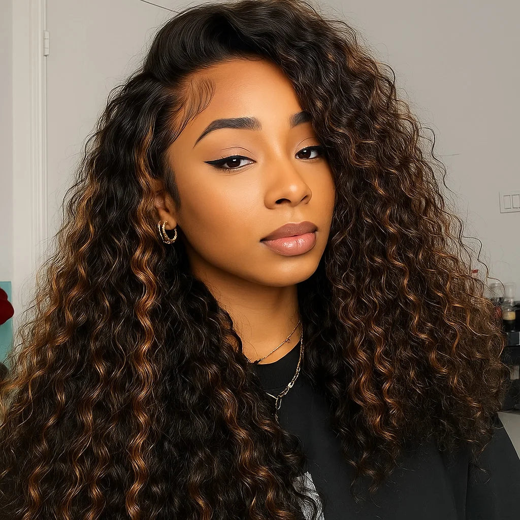 1B/30 Highlight Water Wave Half Wig Human Hair Seamless Flip Over Wig Draw-strings Invisi Ombre Brazilian Remy 3/4 Half Wigs Sweet T 52