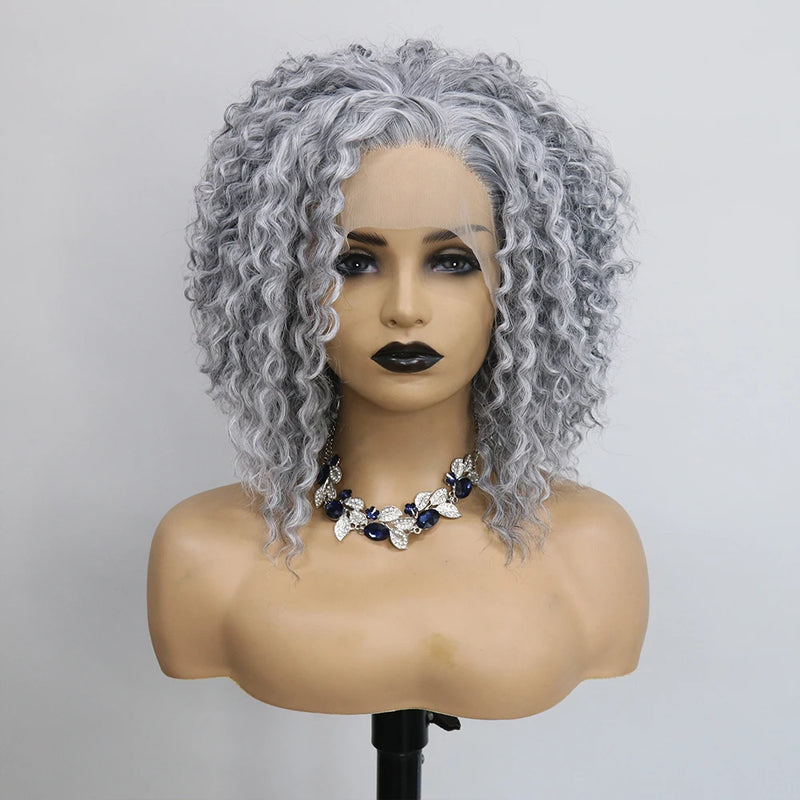 Salt & Pepper Grey Synthetic Lace Front Wig - 180 Density, Kinky Curly Short Bob for Women