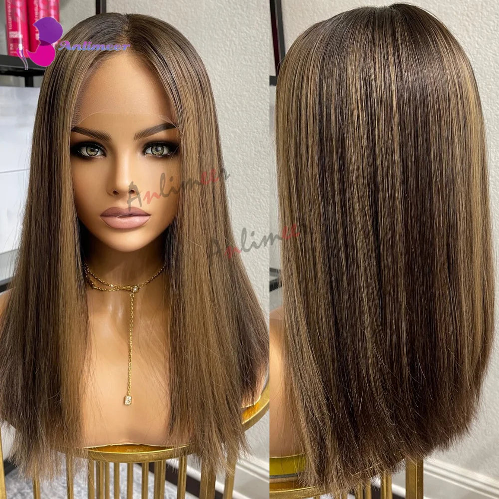 Highlight Brown Silk Base Wig Human Hair Glueless Human Hair Wigs With Brown Roots 200 Density Lace Front Wigs Short Bob Wigs Sweet T 52