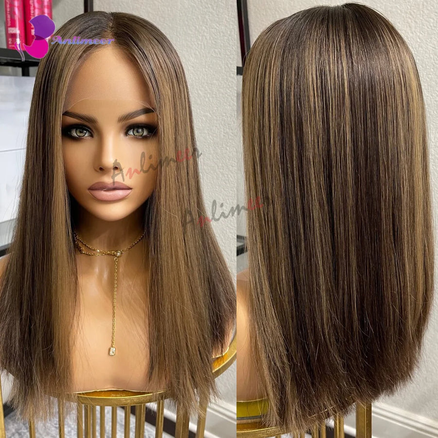 Highlight Brown Silk Base Wig Human Hair Glueless Human Hair Wigs With Brown Roots 200 Density Lace Front Wigs Short Bob Wigs Sweet T 52