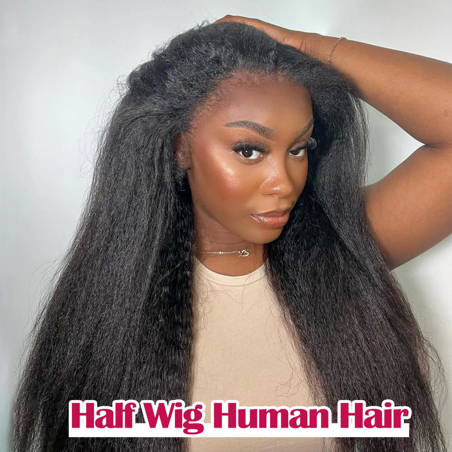 3 In 1 Half Wig - Human Hair With Drawstring. Kinky Straight Half Wig Ready To Go, Comfortable Fit, No Glue Needed, Natural Hairline