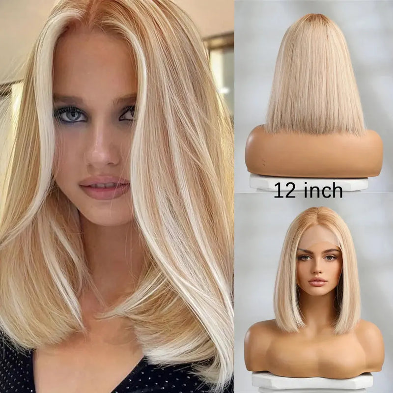 Human Hair 13x1 Lace Front Wig for Women & Girls, Shoulder Length Bob {Straight} with Highlights - Heat Resistant