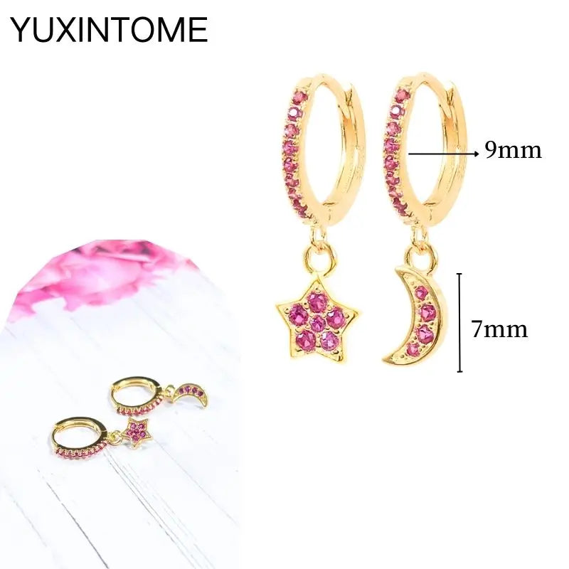 925 Silver Needle Star Hoop Earrings for Women - Five-pointed Star and Moon Pendant Huggie Earrings