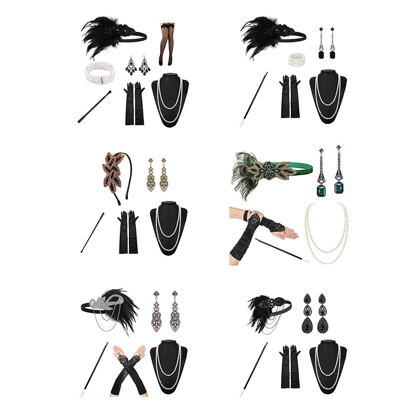 1set 1920's Cosplay Flapper Halloween Charleston Costume 1920s Gatsby Accessories Black Headpiece Great Gatsby Feather Headband Sweet T 52