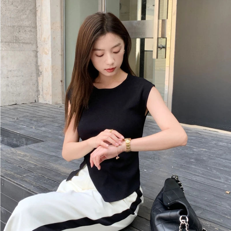 Viscose High Stretch Crew Neck, Slim Fit, Ribbed Women's Top. Asymmetrical Hem, Chic T-Shirt for Office - Casual Knit Blouse Sweet T 52