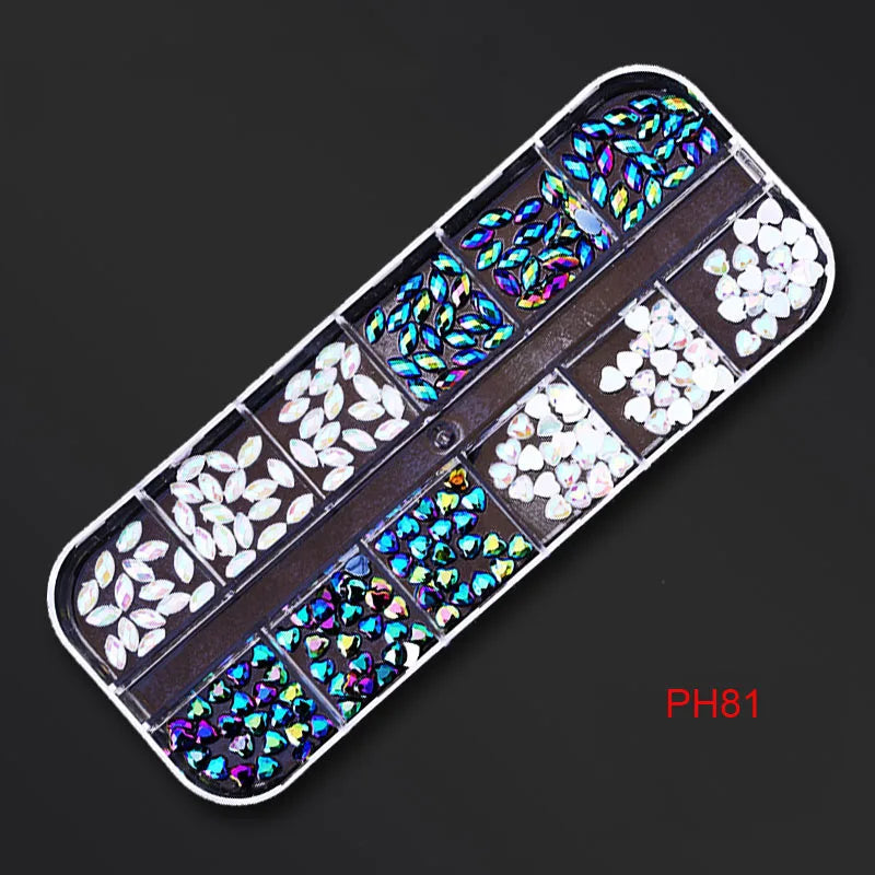 12Gird Box Multi Size AB/Colorful Non-Hotfix Rhinestones Flatback Crystal Diamond Gems 3D Glitter Nail Art Luxurious Decorations