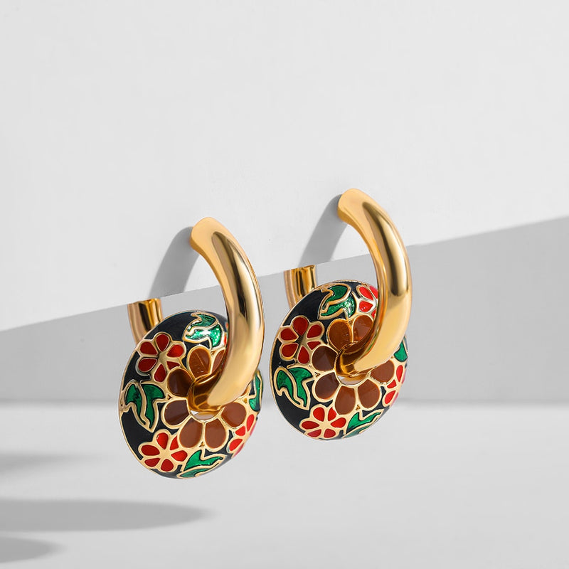 Vintage Enameled Flower Small Hoop Earrings - Trendy Geometric Statement, Round Circular Huggie Earrings for Women and Girls-earrings-SWEET T 52