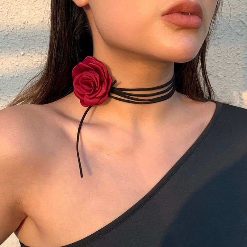 Elegant Red (Black Lace) Big Flower Clavicle Chain Necklace for Women & Girls - Wedding/Holiday/Party/Birthday Jewelry