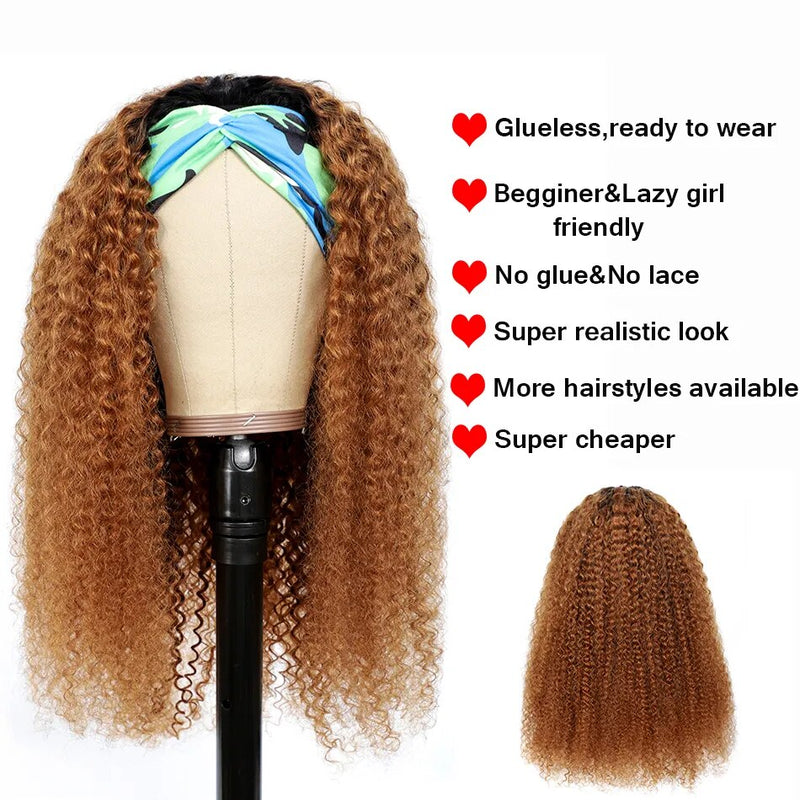 Wear And Go Glueless Human Hair Wig, Ombre Brown Kinky Curly Headband Wigs For Women & Girls