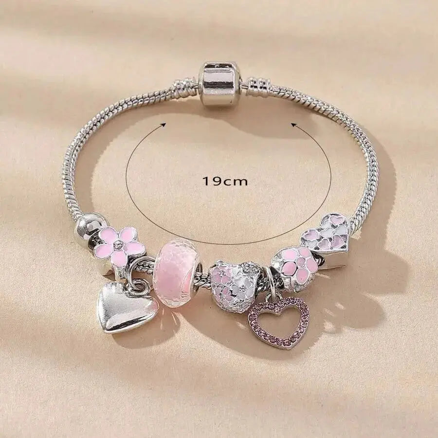 Love/Heart/Flower/Glass Pendant Charm Bracelet. Classic Pink White Crystal Stone, Adjustable, Silver/Gold Color