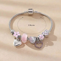 Love/Heart/Flower/Glass Pendant Charm Bracelet. Classic Pink White Crystal Stone, Adjustable, Silver/Gold Color