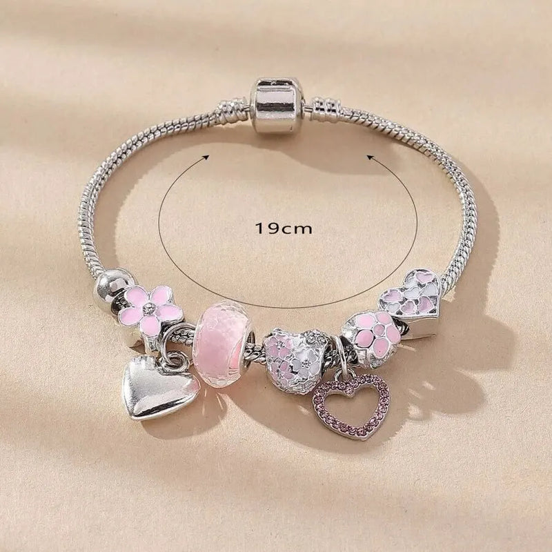 Love/Heart/Flower/Glass Pendant Charm Bracelet. Classic Pink White Crystal Stone, Adjustable, Silver/Gold Color