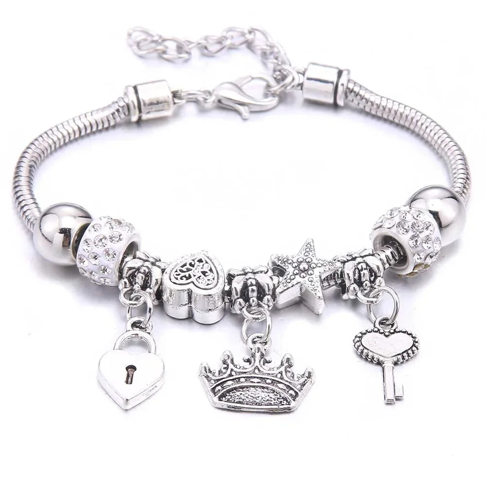 New Charm Bracelet & Bangles Jewelry for Women - White Butterfly Crown Beads "Lobster Clasp" Charm Bracelets