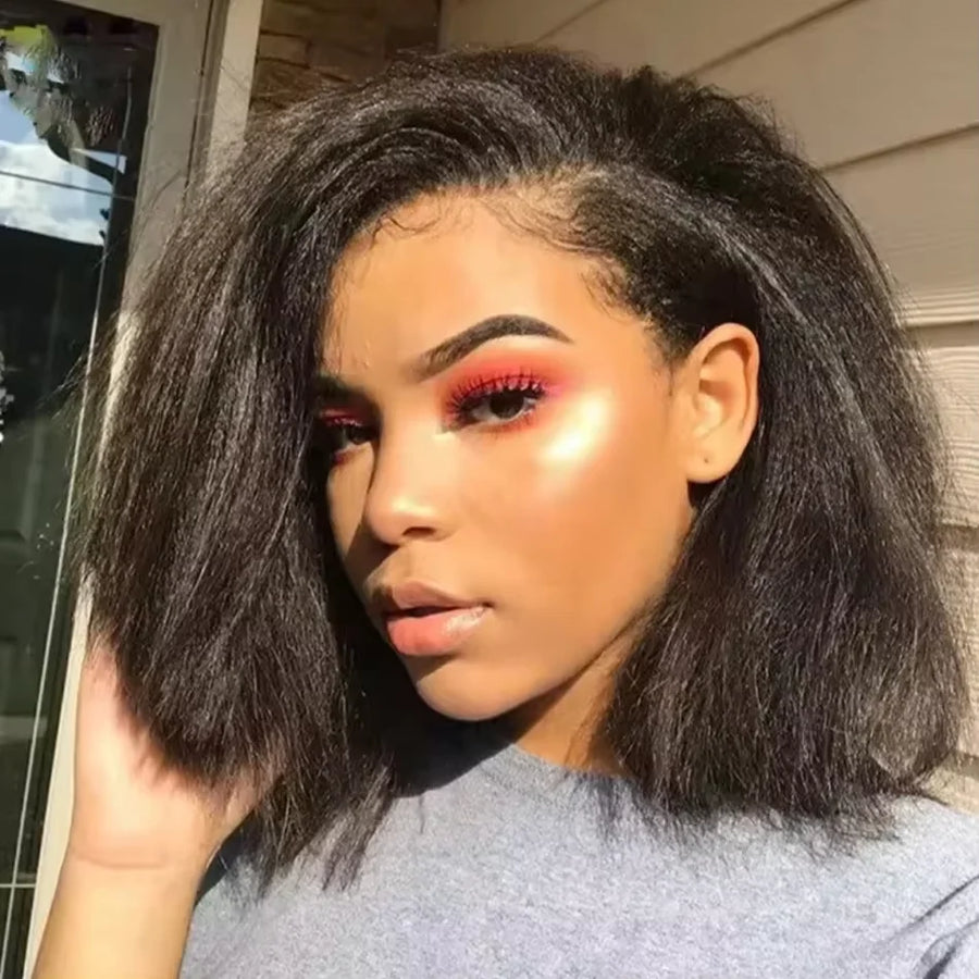 Short Bob 250% Density Kinky Straight 13x4 HD Lace Front Human Hair Wigs Women Brazilian Glueless Lace Frontal Wigs Coarse Yaki Sweet T 52