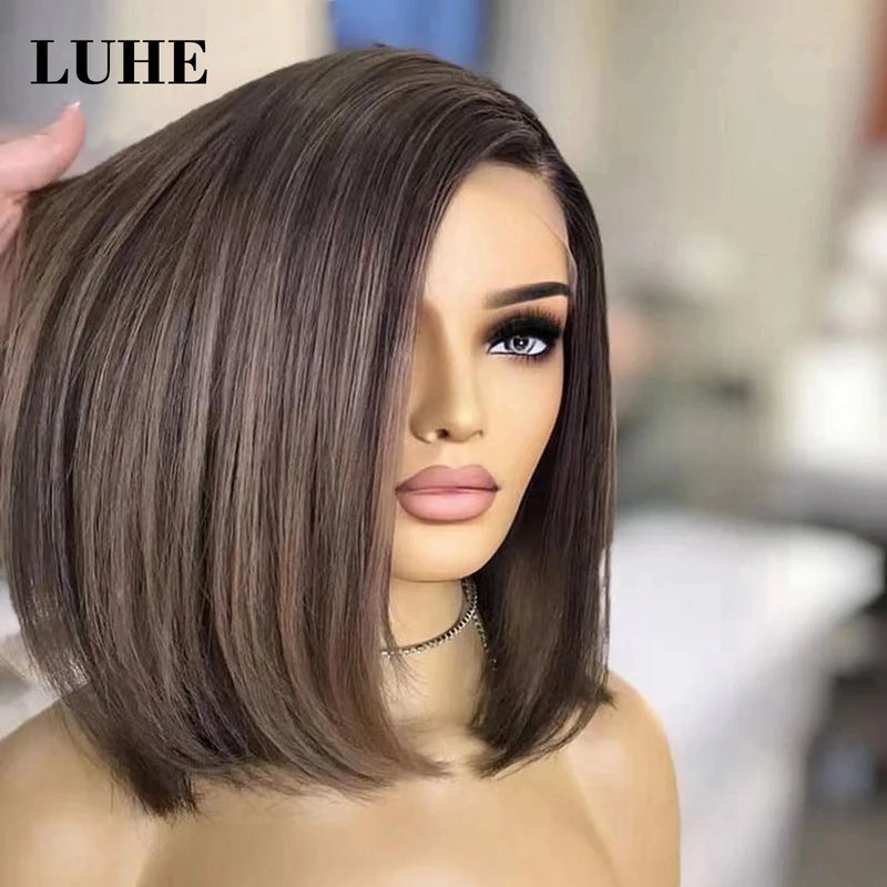 Ombre Ash Brown Highlights 13x3 Synthetic Lace Frontal Wigs for Women, Short Straight/Wavy Bob Lace Wigs