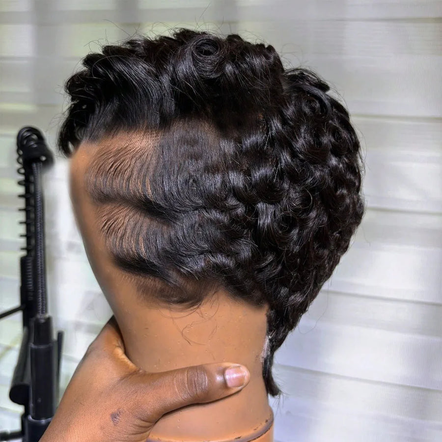 Short Pixie Cut Wig - Human Hair Blend, 6 Inch Curly Wave, 180/250% Density, Glueless