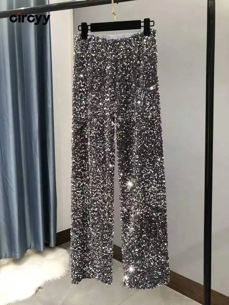 Sequined Wide Leg Trousers - Shiny Full Length Straight Women's Elastic Waist, High Street 2023 Fashions