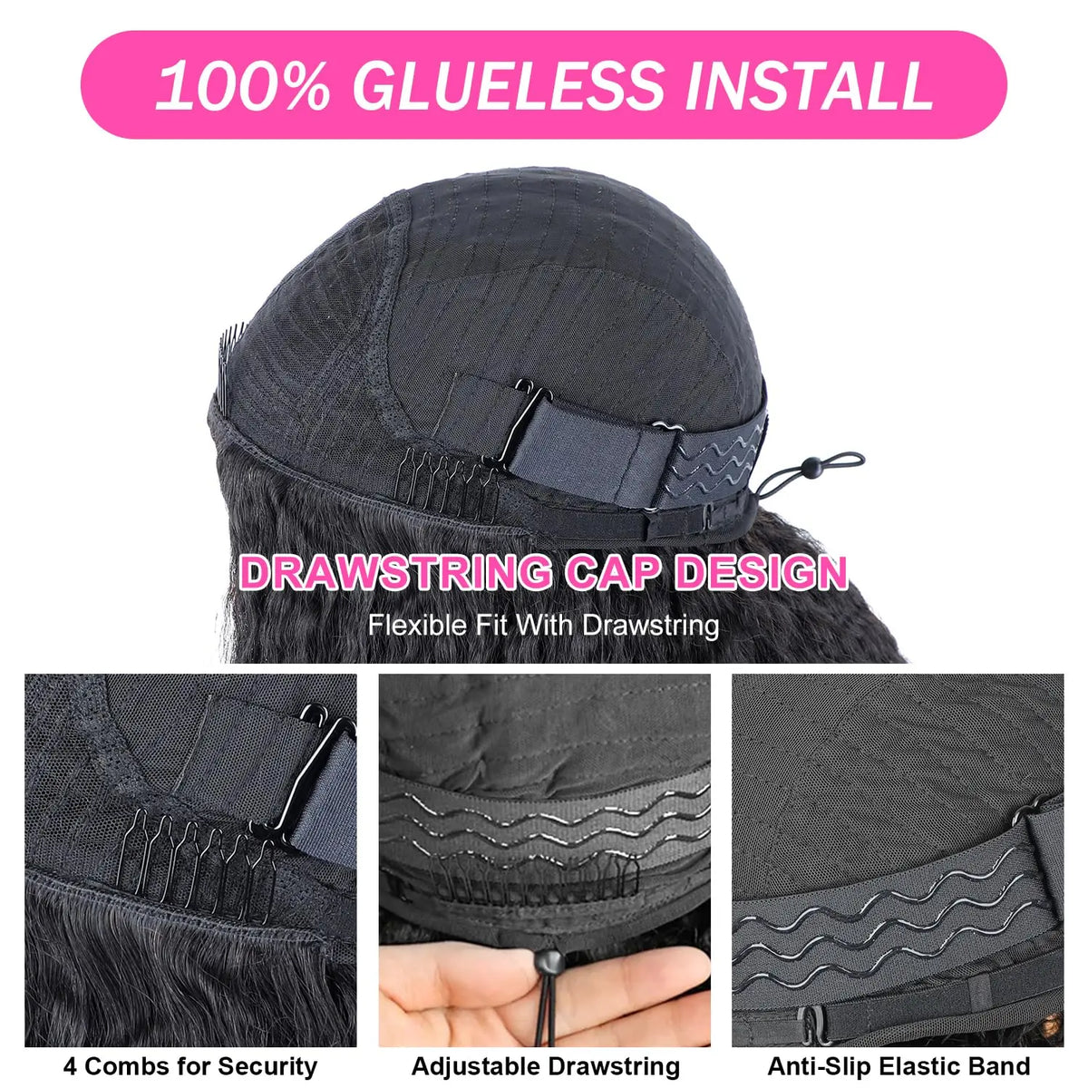 3 In 1 Half Wig - Human Hair With Drawstring. Kinky Straight Half Wig Ready To Go, Comfortable Fit, No Glue Needed, Natural Hairline