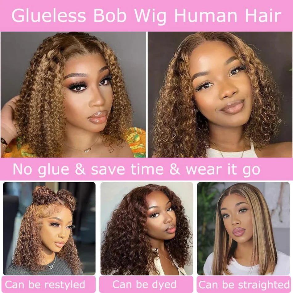 427 Highlight Bob Wig Human Hair Glueless Deep Wave Frontal Wig 5X5 Hd Lace Closure Wig Brazilian Hair Short Bob Wig 250 Density Sweet T 52