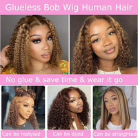 427 Highlight Bob Wig Human Hair Glueless Deep Wave Frontal Wig 5X5 Hd Lace Closure Wig Brazilian Hair Short Bob Wig 250 Density Sweet T 52