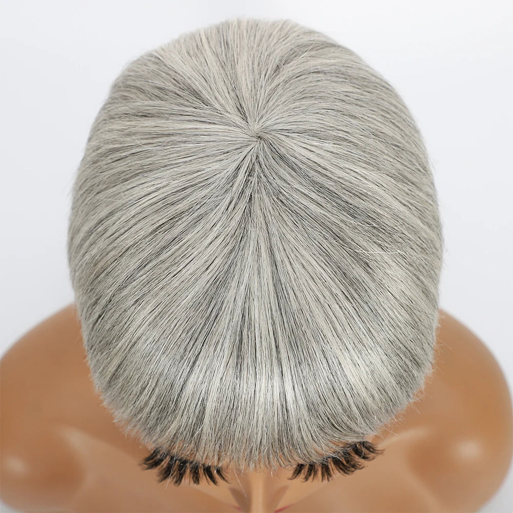 Ombre Grey Short Pixie Cut Wig with Bangs Salt and Pepper Human Hair Wig Pre Plucked Glueless Gray Bob Wig Full Machine Made Sweet T 52
