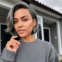 Salt And Pepper Short Pixie C Part Cut Glueless 5x5 Closure Lace Wig 100% Human Hair Sweet T 52