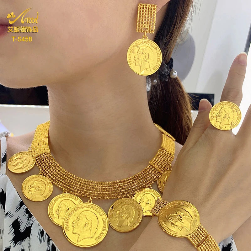 ANIID Ethiopian 24K Gold Color Coins Jewelry Set African Hawaiian Luxury Necklace Bracelet Pendant Set Dubai Wedding Gifts Sweet T 52