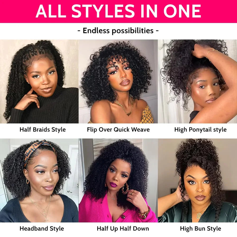 3 In 1 Human Hair Half Wig - Drawstring/Clip In, Kinky Curly Headband Wig for Women