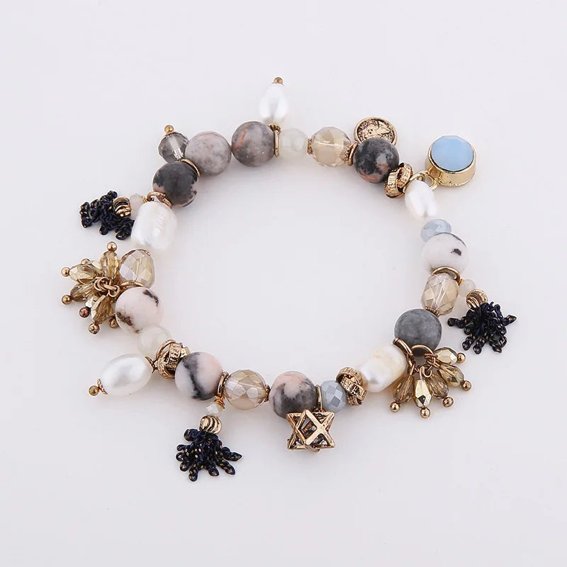 Natural Stone Bracelets - Gold Color Metal, Star Charm, White Beads, Elastic Bracelet. Luxury Fashion Jewelry Bracelets for Women