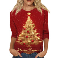 Christmas Limited Edition Women's 3D Red Snowflake Print Round Neck Long Sleeve T-shirt Fashion Casual Long Sleeve Top