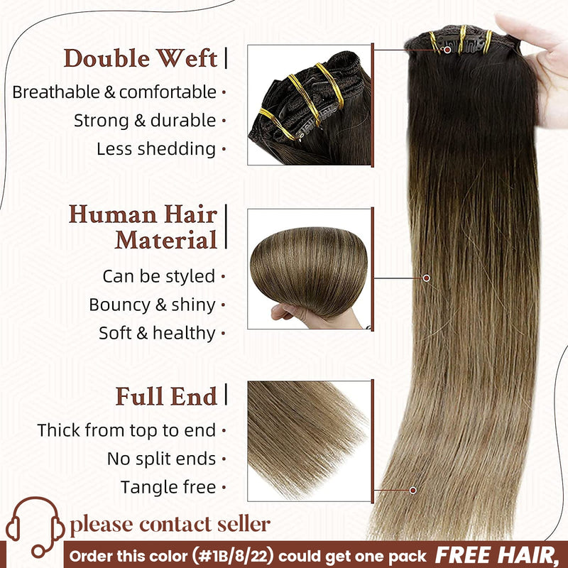 Clip-in Hair Extensions - Human Hair Clips Balayage (highlights) 7pcs, 120g, Double Weft Human Hair Extensions for Women and Girls, 12 Inches