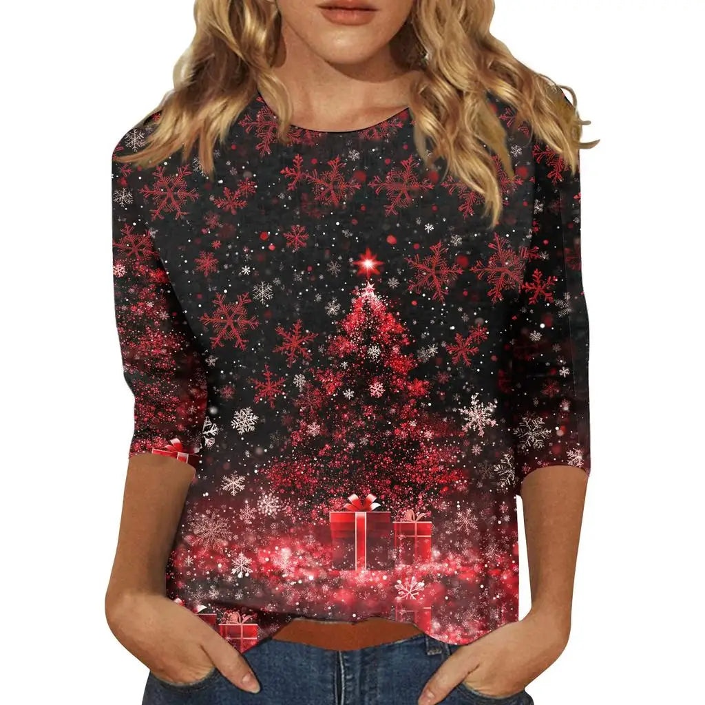 Christmas Limited Edition Women's 3D Red Snowflake Print Round Neck Long Sleeve T-shirt Fashion Casual Long Sleeve Top