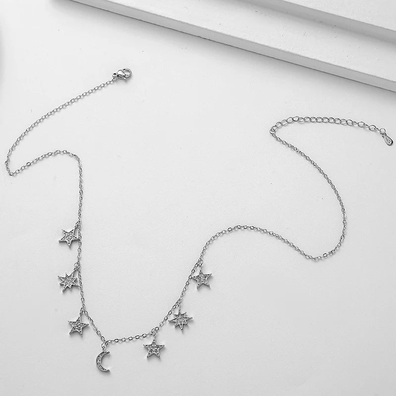 Moon/Star Tassel Zircon Necklace for Women. Choker Personality Fashion Jewelry for Casual Wear.