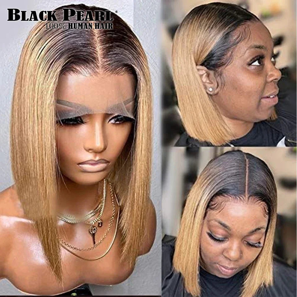 Ombre Straight Bob 13x6X2 Lace Front Wigs. Human Hair Short Bob Wigs, Ash Blonde Remy Hair, Pre-Plucked, Glueless Wig.