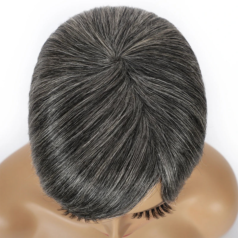 Ombre Grey Short Pixie Cut Wig with Bangs Salt and Pepper Human Hair Wig Pre Plucked Glueless Gray Bob Wig Full Machine Made Sweet T 52