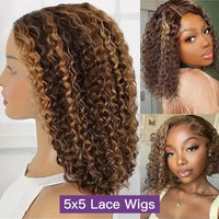 427 Highlight Bob Wig Human Hair Glueless Deep Wave Frontal Wig 5X5 Hd Lace Closure Wig Brazilian Hair Short Bob Wig 250 Density Sweet T 52