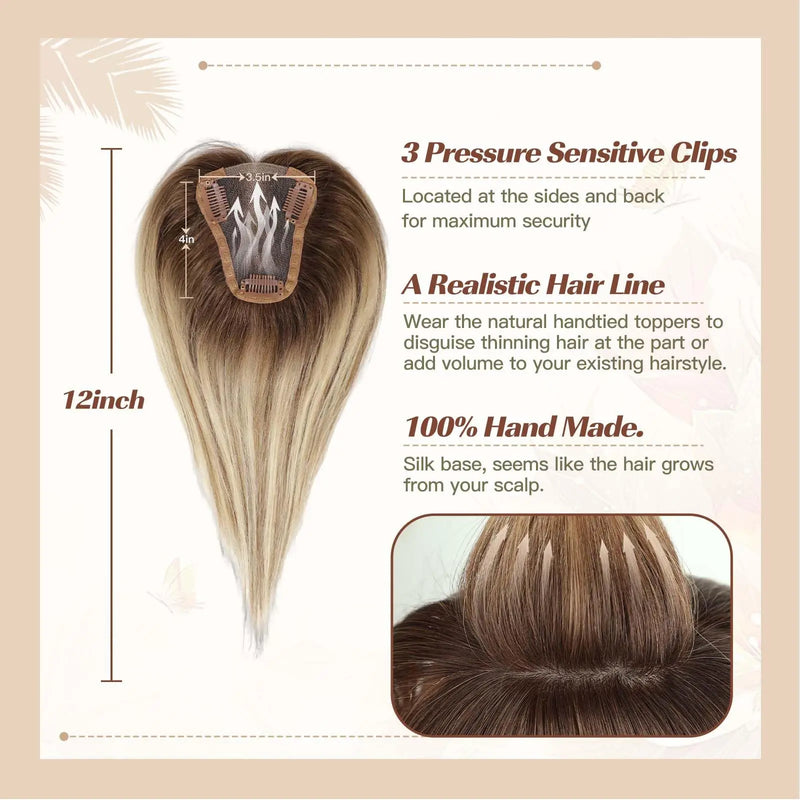 Hair Toppers - Blonde Brown Ombre, 100% Remy Human Hair Topper/HairPieces for Women & Girls, 12 Inches