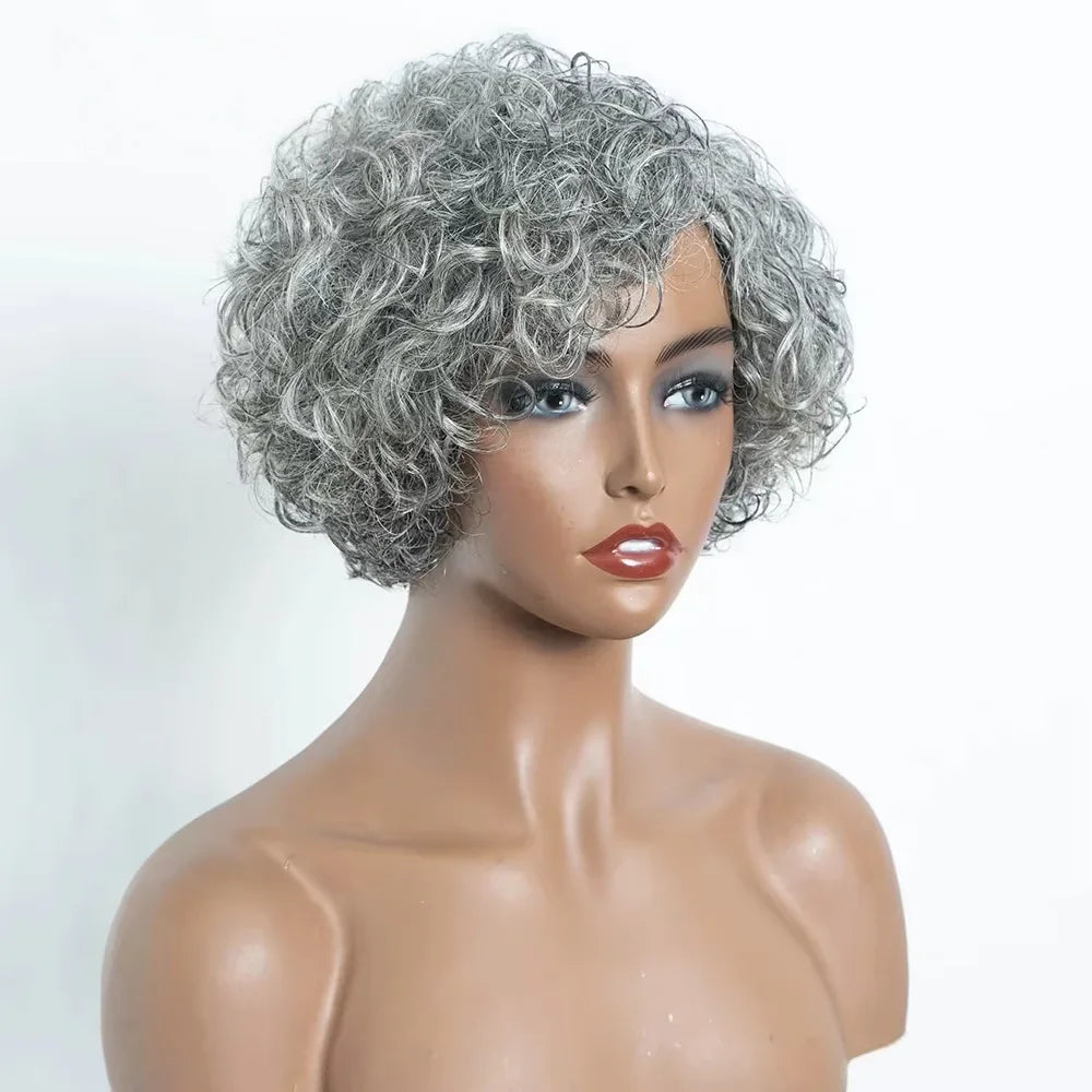 Brazilian Curly Short Grey Wavy Bob Wigs - Natural Remy 100% Human Hair Wig s - Silver Gray Wigs for Women, Deep Wave Frontal Wigs
