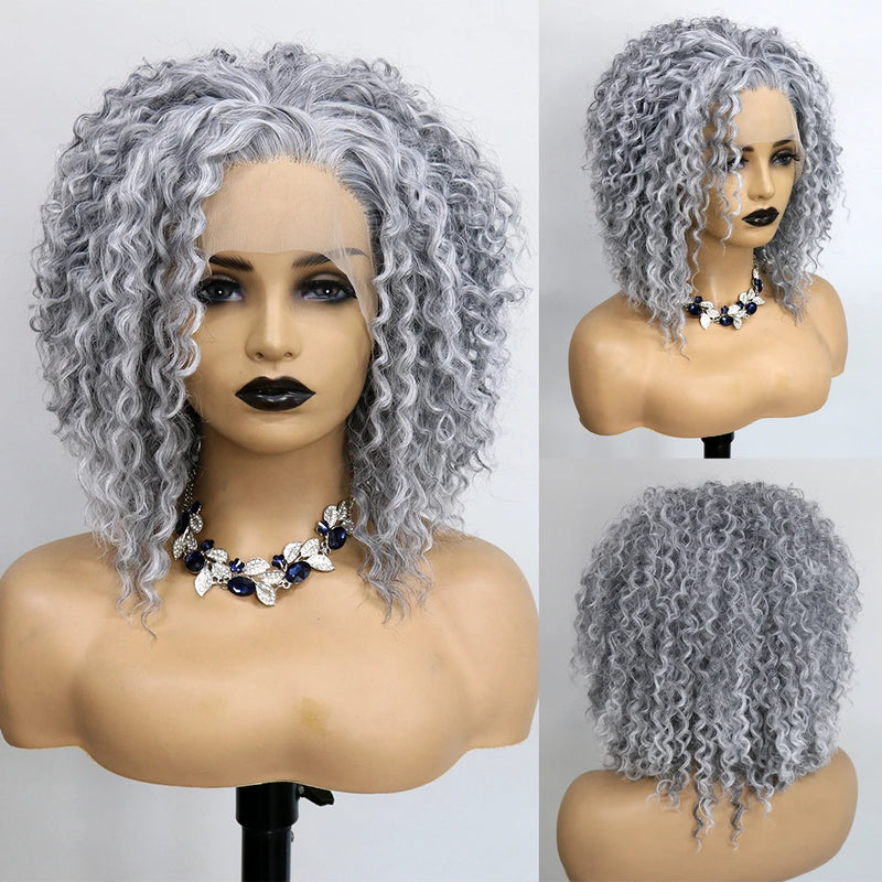 Salt & Pepper Grey Synthetic Lace Front Wig - 180 Density, Kinky Curly Short Bob for Women