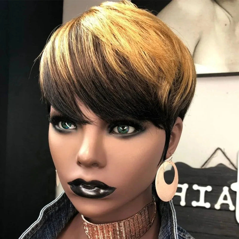 Blonde Ombre Human Hair Wig, 1b27#. Short Pixie Wigs, Human Hair. Short Pixie Cut Duby Wigs, Full Machine Wigs for Women Sweet T 52