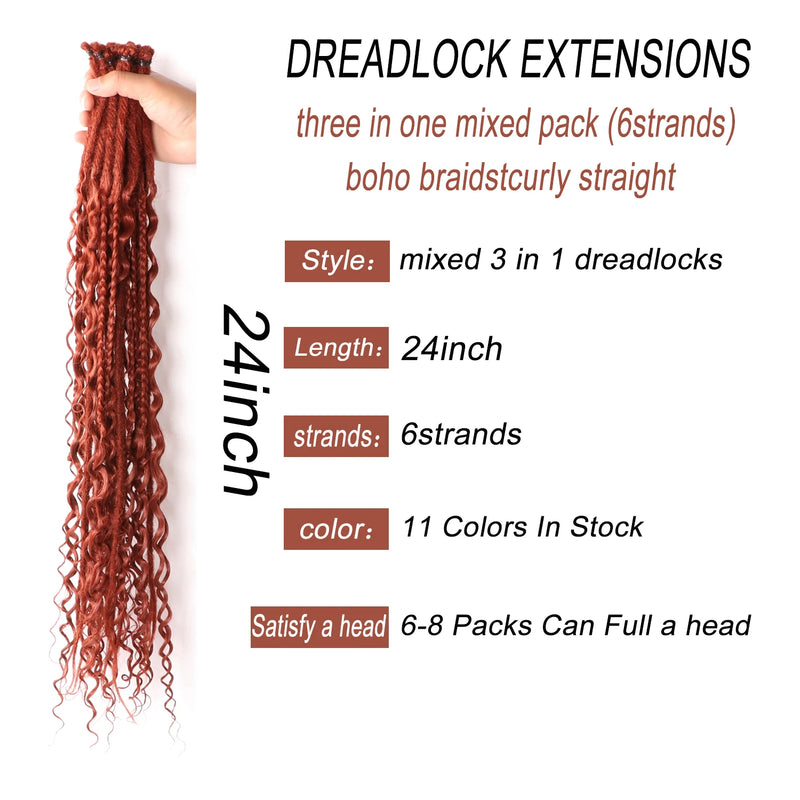Dreadlock Extensions 24 Inches, 3 in 1 Mixed DE Dreads, Synthetic Curly Ends Hip-Hop/Hippie/Boho Style, Handmade Braids