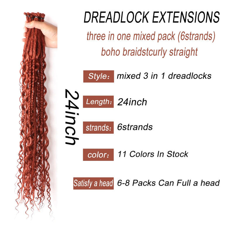 Dreadlock Extensions 24 Inches, 3 in 1 Mixed DE Dreads, Synthetic Curly Ends Hip-Hop/Hippie/Boho Style, Handmade Braids-hair accessories-SWEET T 52