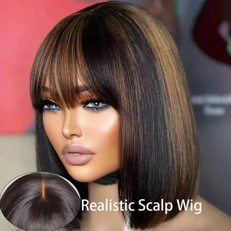 12 Inch 1b/30 Highlight 2x1 Glueless Wigs With Bangs 250 Density Straight Human Hair Short Bob Wig Brazilian Raw Hair For Women Sweet T 52