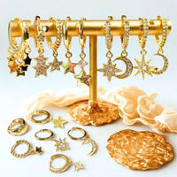 925 Silver Needle Star Hoop Earrings for Women - Five-pointed Star and Moon Pendant Huggie Earrings