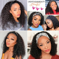 Kinky Curly Headband Wig. Human Hair Curly Bob Wig for Women. Full Machine Made Wig, Natural Black Hair