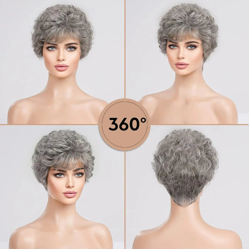 Human Hair Like Texture Grey Wigs for Women, Short Silver Grey Wavy Curly Wigs, Grey Layered Pixie Cut with Bangs-hair accessories-SWEET T 52