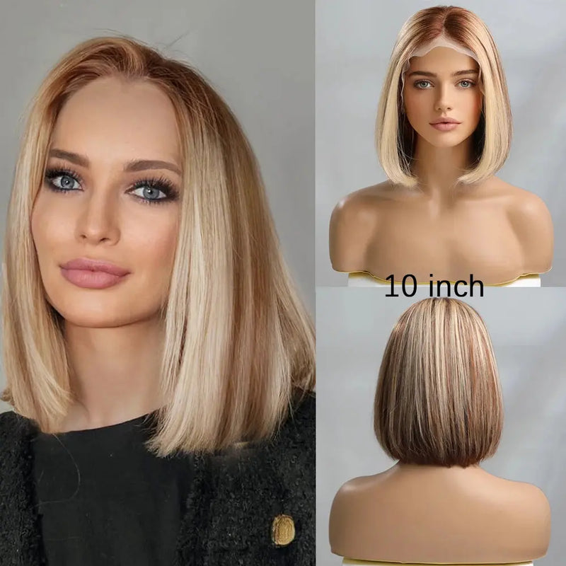 Human Hair 13x1 Lace Front Wig for Women & Girls, Shoulder Length Bob {Straight} with Highlights - Heat Resistant