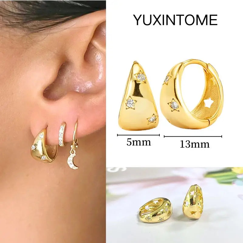 925 Silver Needle Star Hoop Earrings for Women - Five-pointed Star and Moon Pendant Huggie Earrings