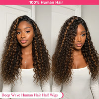 1B/30 Highlight Water Wave Half Wig Human Hair Seamless Flip Over Wig Draw-strings Invisi Ombre Brazilian Remy 3/4 Half Wigs Sweet T 52